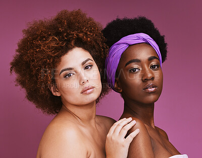 Buy stock photo Black woman, studio portrait and afro with hug, friends or beauty with natural aesthetic by purple background. Gen z model, women and solidarity with wellness, cosmetics and together with face makeup