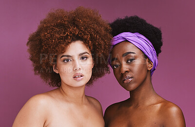 Buy stock photo Black woman, studio portrait and afro for friends, beauty or glow for natural aesthetic by purple background. Gen z model, makeup women and solidarity with wellness, cosmetic and hair care together