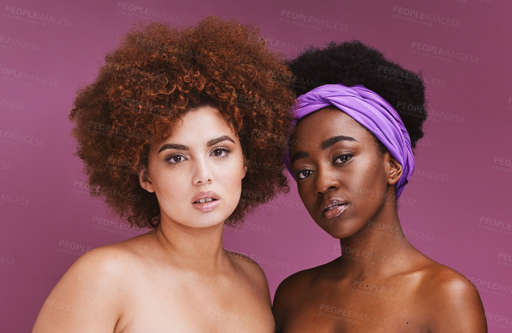 Buy stock photo Black woman, studio portrait and afro for friends, beauty or glow for natural aesthetic by purple background. Gen z model, makeup women and solidarity with wellness, cosmetic and hair care together