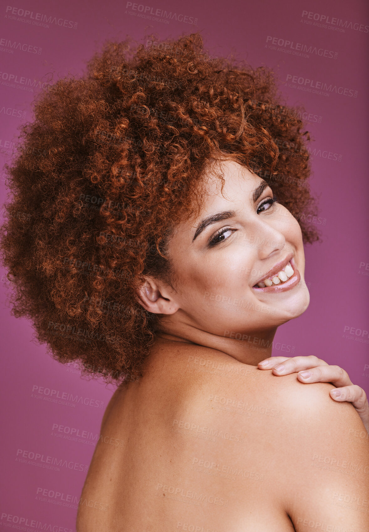 Buy stock photo Happy woman, shoulder and afro hairstyle portrait in empowerment, curly maintenance or skincare salon. Smile, beauty model or natural hair texture on cosmetics studio or on isolated purple background