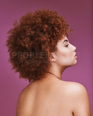 Buy stock photo Woman, shoulder or afro hairstyle on isolated purple background in empowerment, curly maintenance or skincare salon. Beauty model, natural or hair growth texture on cosmetics studio or relax backdrop