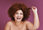 Woman, portrait or hair growth afro on isolated purple background in plus size success, curly progress or salon target goals. Smile, happy or beauty with natural hairstyle texture on skincare studio