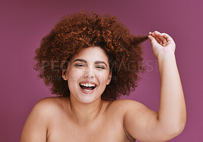 Buy stock photo Woman, portrait or hair growth afro on isolated purple background in plus size success, curly progress or salon target goals. Smile, happy or beauty with natural hairstyle texture on skincare studio