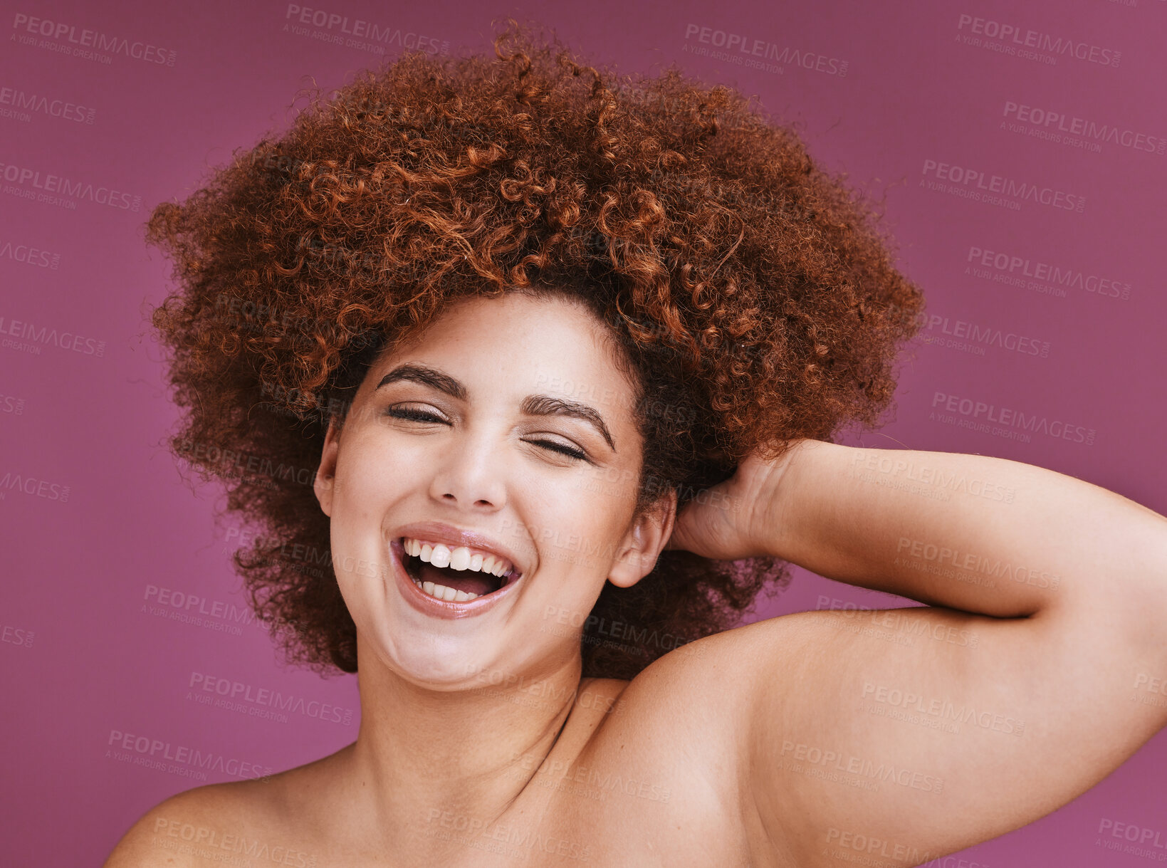 Buy stock photo Laughing woman, portrait or afro hairstyle on isolated studio background in plus size wellness, curly growth or salon target goals. Smile, happy or beauty with natural hair texture on skincare studio