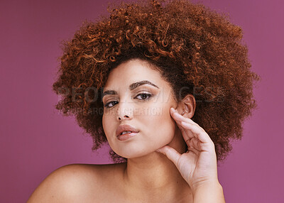 Buy stock photo Woman, portrait and afro hairstyle in beauty skincare, growth texture maintenance or relax salon wellness. Hands, hair and natural face makeup on studio model, isolated purple background or backdrop