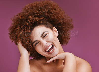 Buy stock photo Happy woman, portrait and afro hairstyle on isolated purple background in comic emoji, laughing or silly facial expression. Beauty model, funny face or natural hair growth on skincare studio backdrop