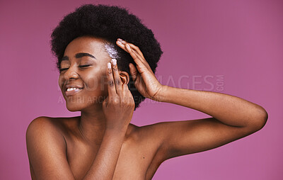 Buy stock photo Happy black woman, hands or afro haircare product on beauty background in grooming, growth texture or roots wellness. Conditioner, cream or natural hair model with skincare on isolated pink backdrop