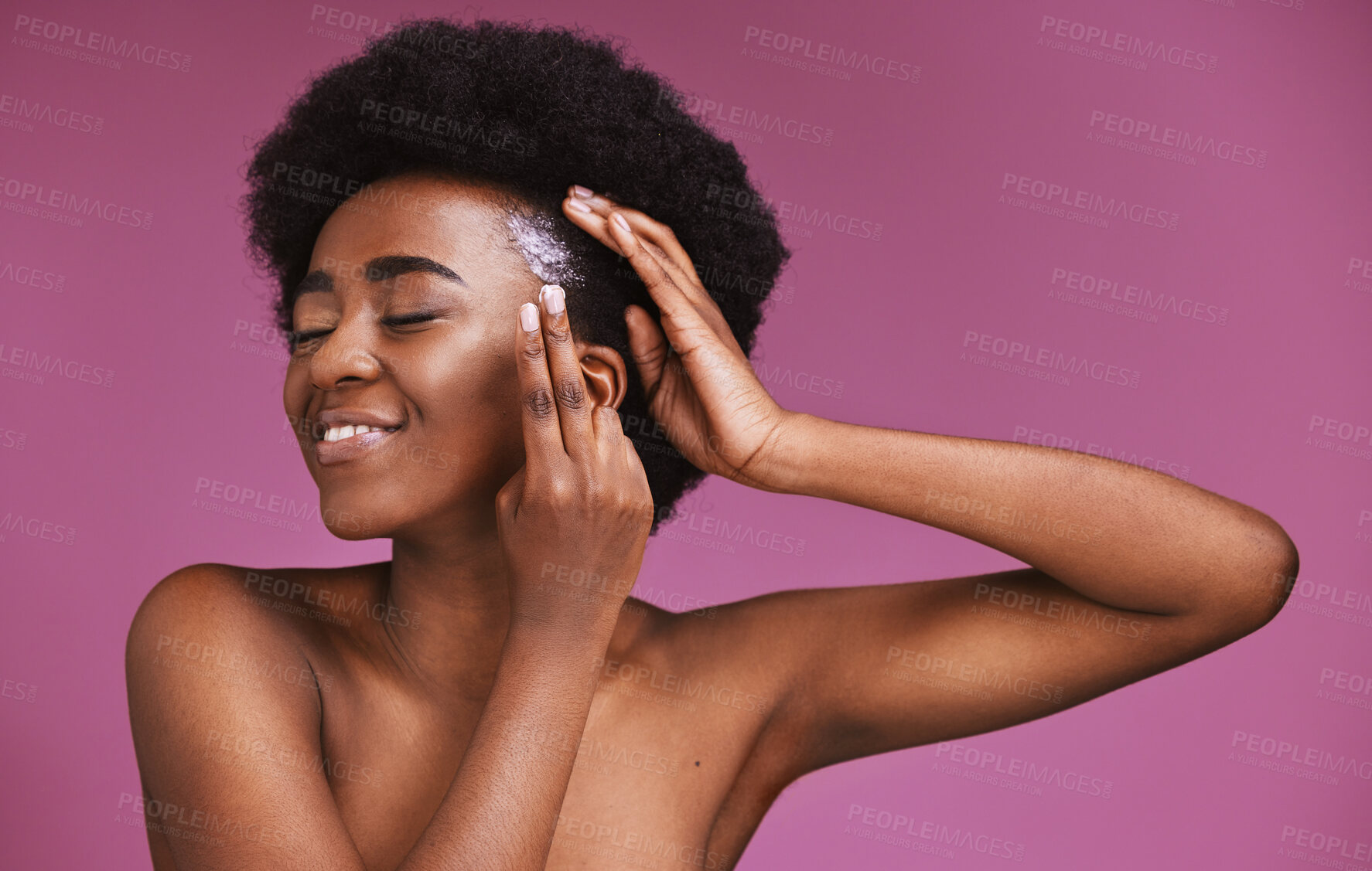 Buy stock photo Happy black woman, hands or afro haircare product on beauty background in grooming, growth texture or roots wellness. Conditioner, cream or natural hair model with skincare on isolated pink backdrop