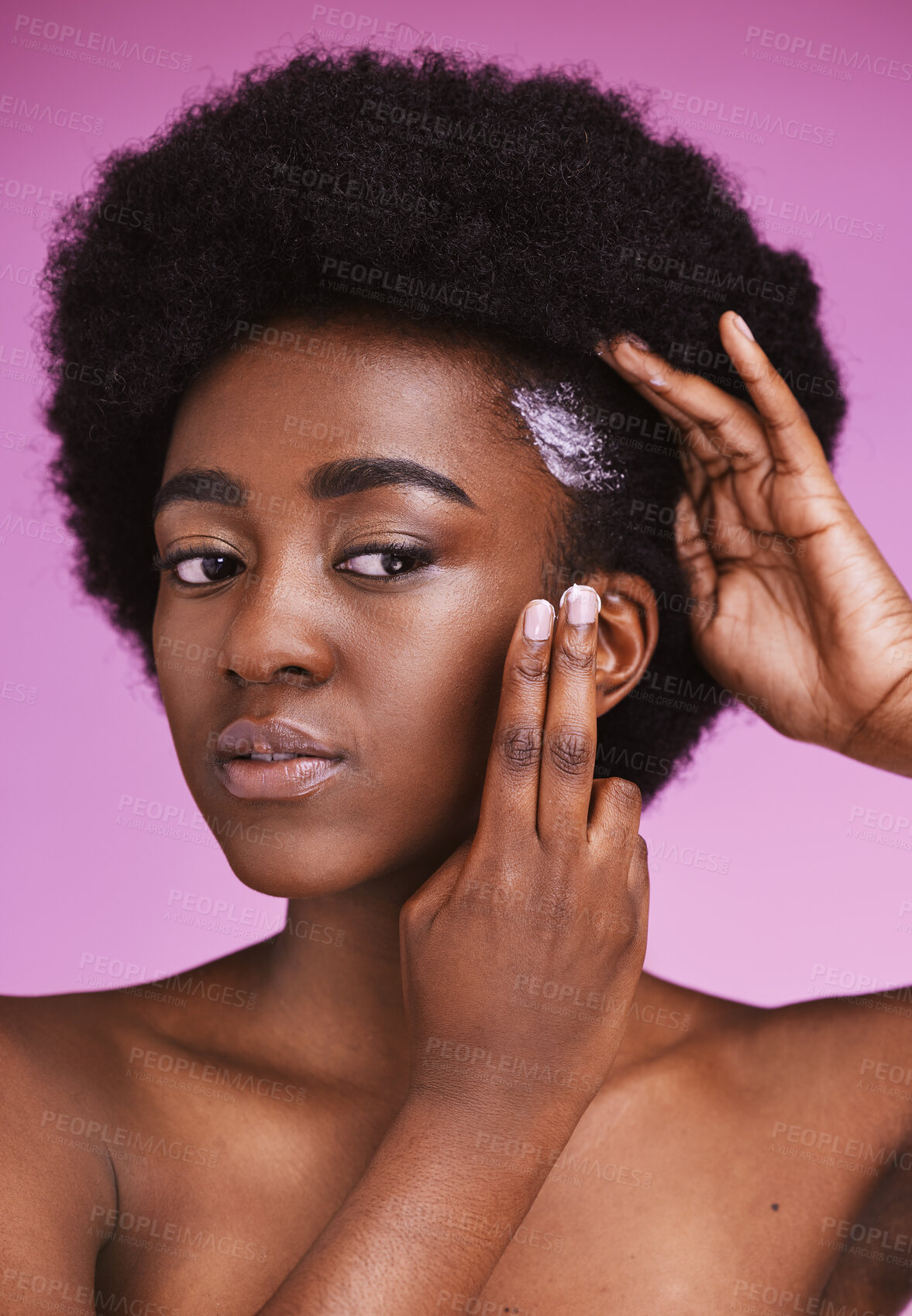 Buy stock photo Black woman, hair and cream conditioner for afro, haircare and ethnic texture on pink studio background. African model, hairstyle lotion product and scalp relaxer for maintenance, skincare and beauty