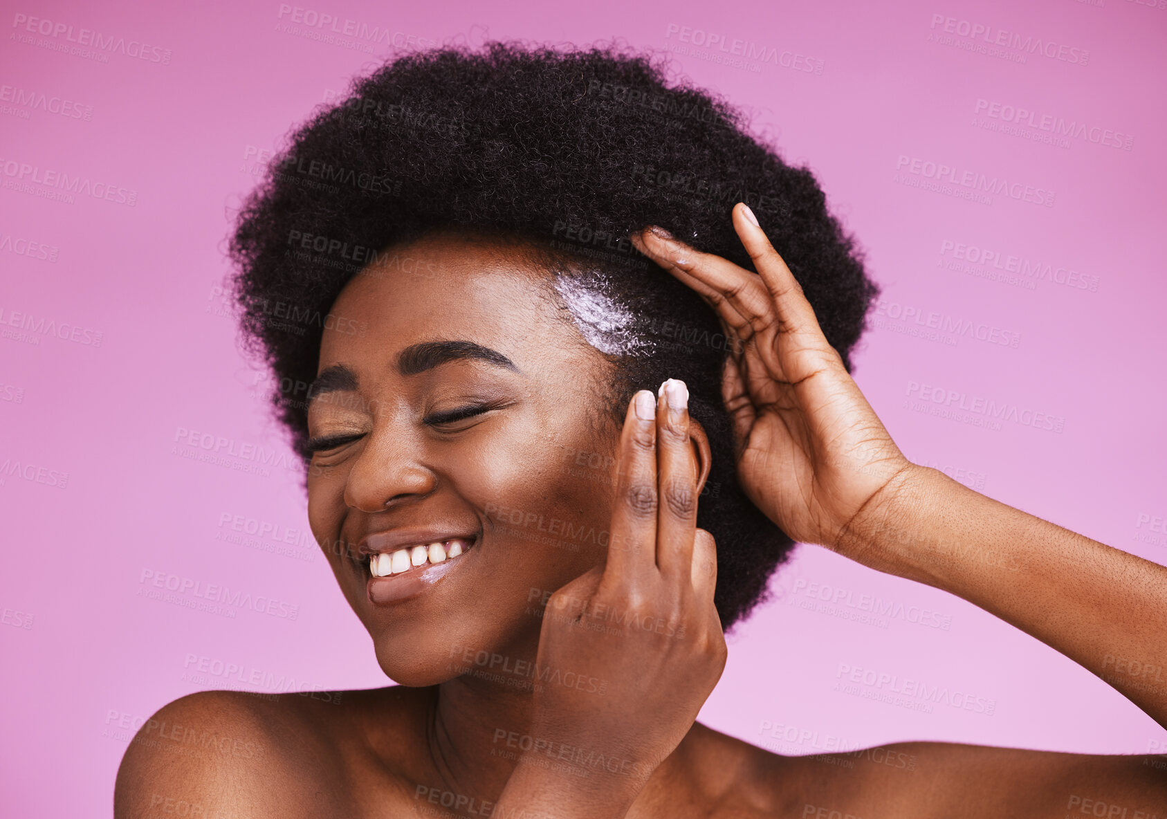 Buy stock photo Happy black woman, afro hair and conditioner treatment for ethnic texture on pink studio background. African model, haircare cosmetics and cream product for scalp, skin relaxer and beauty maintenance