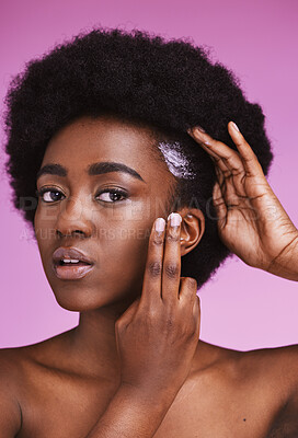 Buy stock photo Black woman, hair portrait and conditioner for afro, haircare and ethnic texture on pink studio background. African model, haircare cream and lotion product for scalp maintenance, skincare and beauty