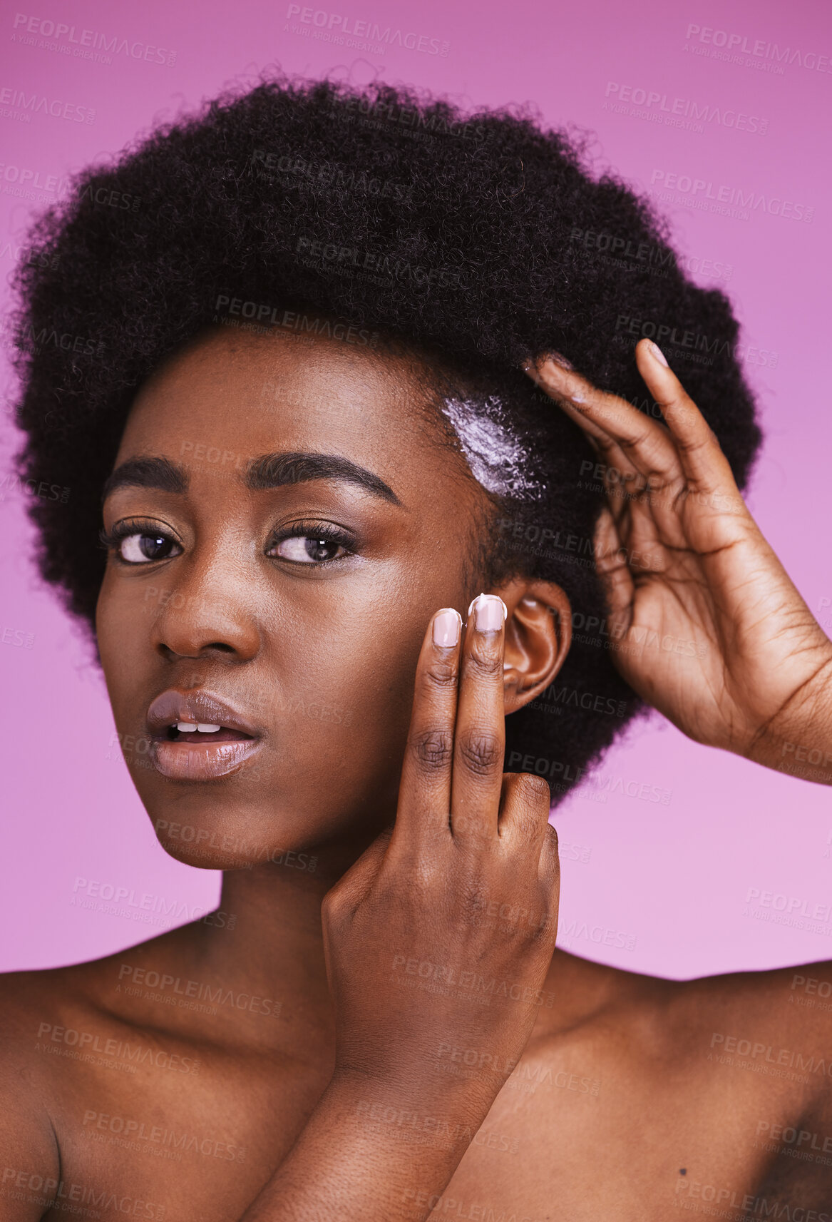 Buy stock photo Black woman, hair portrait and conditioner for afro, haircare and ethnic texture on pink studio background. African model, haircare cream and lotion product for scalp maintenance, skincare and beauty