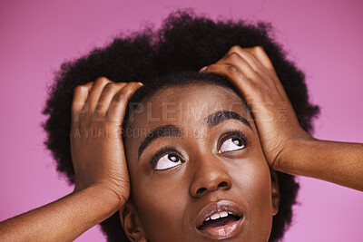 Buy stock photo Black woman, thinking or afro hairstyle touch for beauty skincare ideas, growth texture maintenance or salon wellness. Zoom, face or natural hair for model vision, makeup or isolated pink background