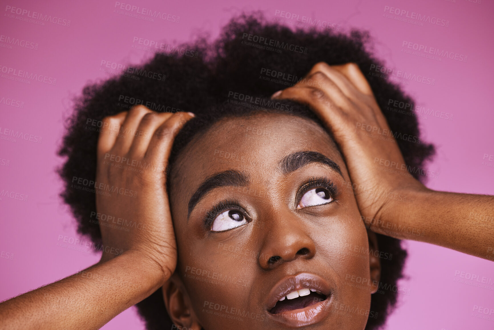 Buy stock photo Black woman, thinking or afro hairstyle touch for beauty skincare ideas, growth texture maintenance or salon wellness. Zoom, face or natural hair for model vision, makeup or isolated pink background