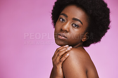 Buy stock photo Black woman, portrait and afro beauty on pink background of aesthetic facial, cosmetics or studio mockup. African skincare model, curly hair and laser of dermatology, wellness or salon transformation