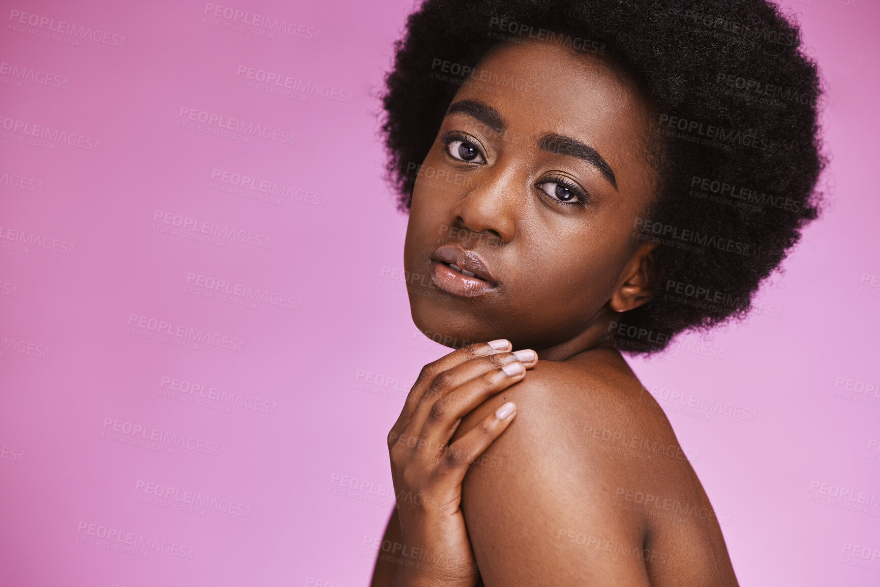 Buy stock photo Black woman, portrait and afro beauty on pink background of aesthetic facial, cosmetics or studio mockup. African skincare model, curly hair and laser of dermatology, wellness or salon transformation