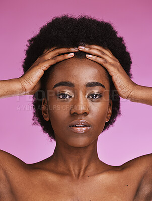 Buy stock photo Black woman, portrait or touching afro hairstyle in relax beauty skincare, growth texture maintenance or salon wellness. Hands, hair or natural face makeup on studio model or isolated pink background