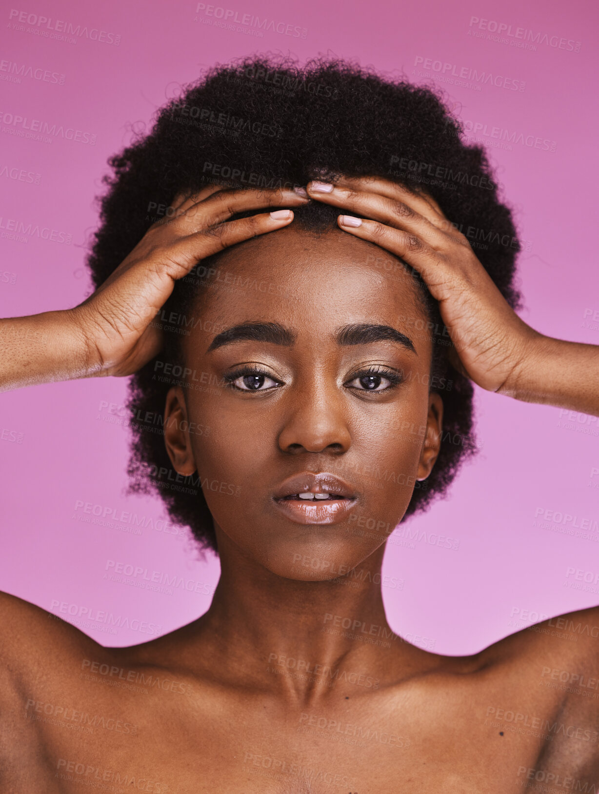 Buy stock photo Black woman, portrait or touching afro hairstyle in relax beauty skincare, growth texture maintenance or salon wellness. Hands, hair or natural face makeup on studio model or isolated pink background