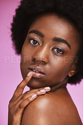 Buy stock photo Black woman, portrait and afro skincare on pink background of aesthetic facial, cosmetics and studio. African beauty model, curly hair and laser face of dermatology, wellness and salon transformation