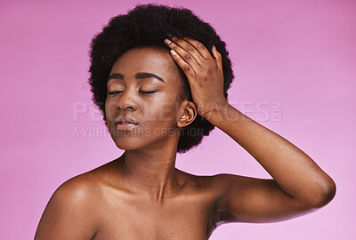 Buy stock photo Model, touching and afro hairstyle on beauty studio background in relax skincare, texture maintenance or salon wellness. Black woman, natural and hair growth hands on isolated pink or makeup backdrop