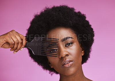 Buy stock photo Portrait, hair or afro brush on beauty background in relax grooming routine, texture maintenance or growth wellness. Black woman, face or natural hairstyle comb with skincare makeup on isolated pink