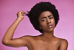 Afro hair, portrait and black woman in studio for grooming, hygiene or treatment on purple background. Face, haircare and girl model relax in luxury, pamper or beauty routine while advertising space