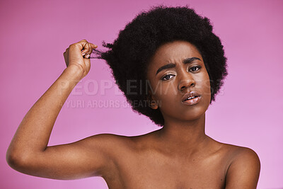 Buy stock photo Afro hair, portrait and confused black woman in studio for grooming or treatment on purple background. Face, haircare and girl model unhappy with tangle, knot or texture after beauty routine isolated