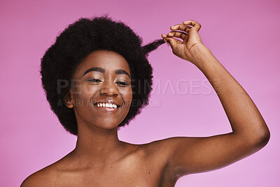 Buy stock photo Afro, hair and natural by portrait of black woman in studio for beauty, wellness and grooming on purple background. Haircare, hairstyle and face of girl model relax in luxury, hygiene or routine 