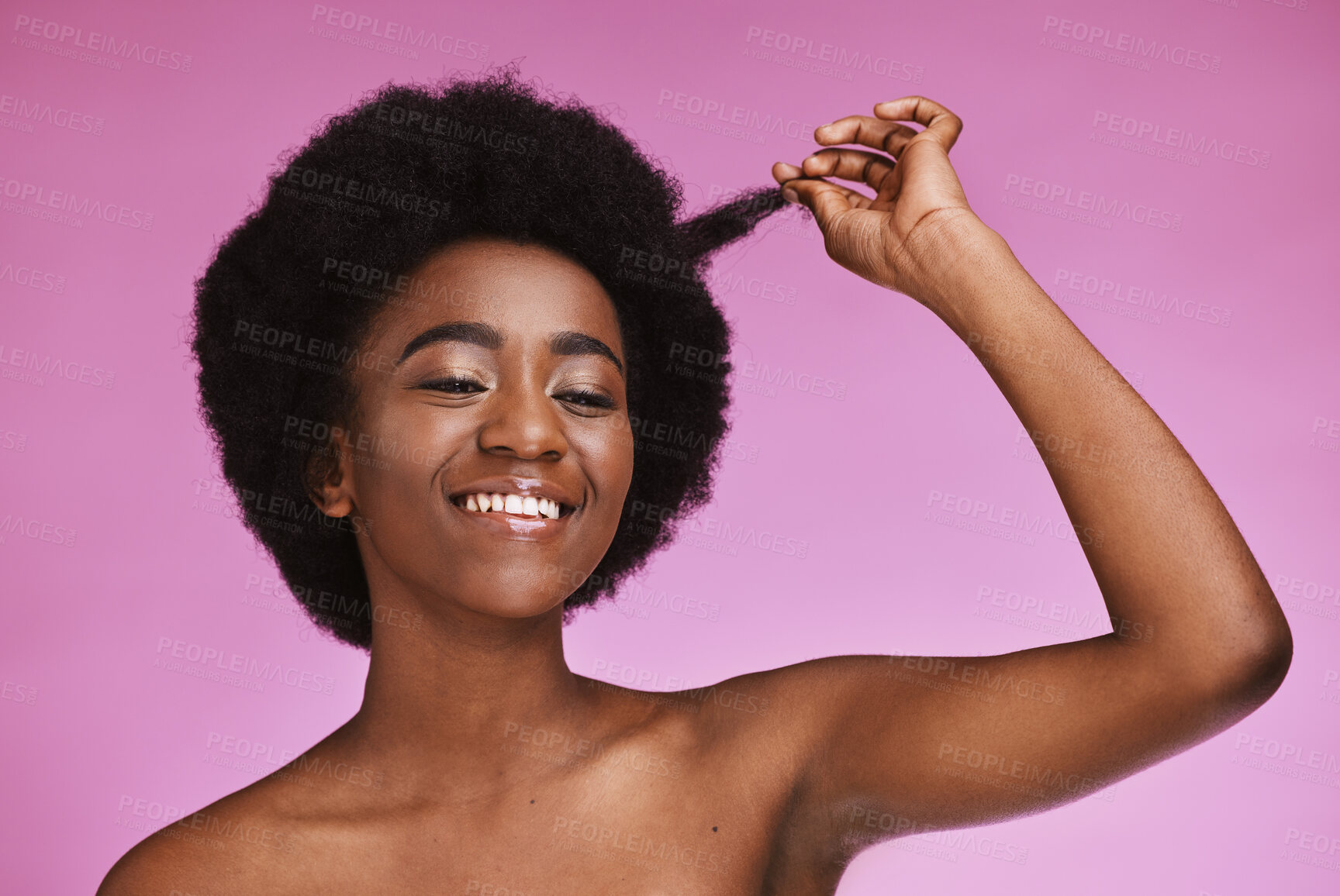 Buy stock photo Afro, hair and natural by portrait of black woman in studio for beauty, wellness and grooming on purple background. Haircare, hairstyle and face of girl model relax in luxury, hygiene or routine 