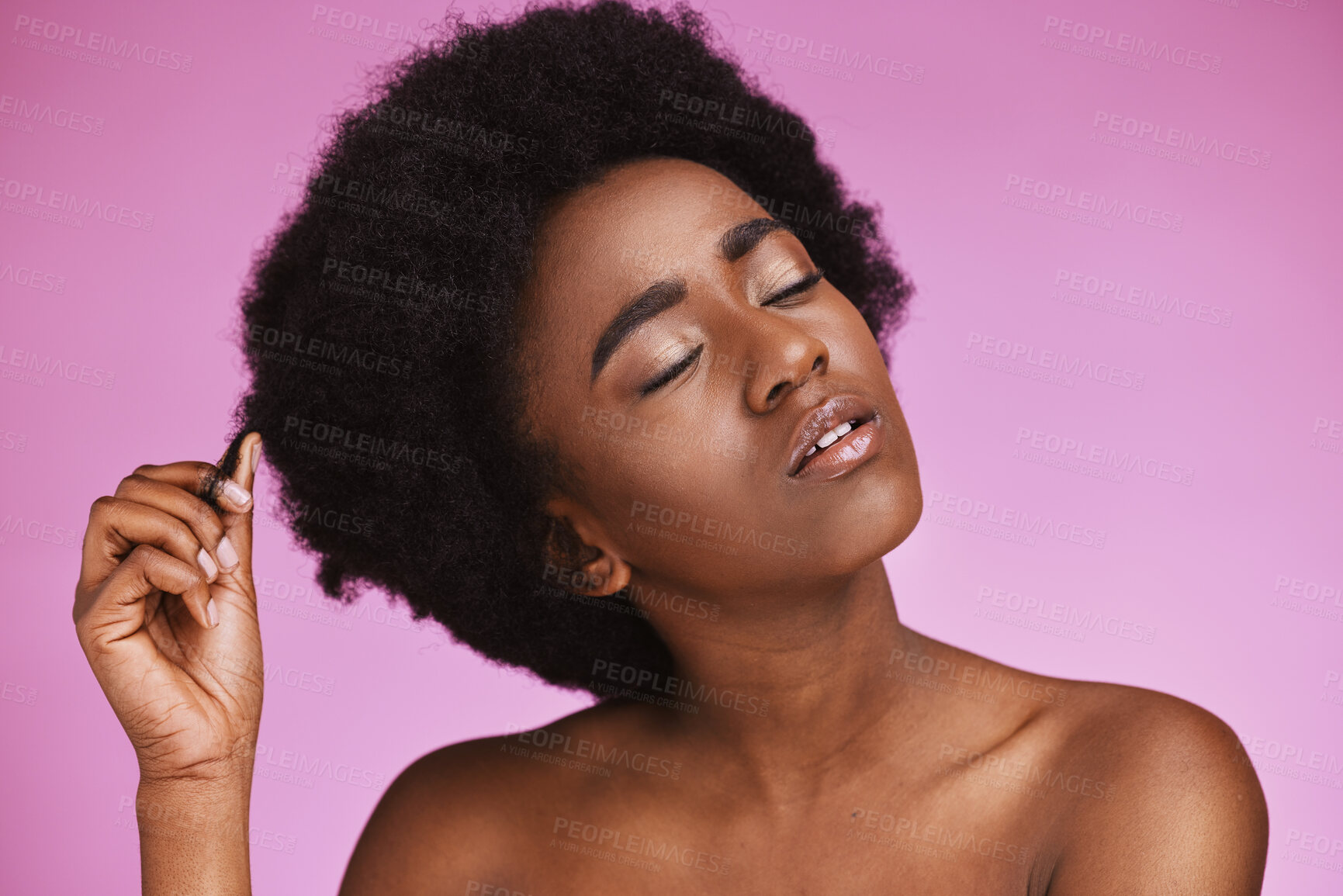 Buy stock photo Natural hair, afro and black woman in studio for grooming, hygiene and treatment on purple background. Curly, haircare and girl model relax in luxury, pamper or beauty routine while advertising space