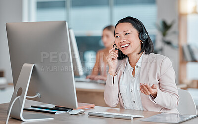 Buy stock photo Asian woman, call center and computer in consultation for telemarketing, customer support or service at office desk. Happy female consultant smiling in contact us for desktop advice, help or sales