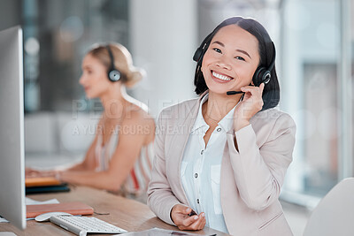 Buy stock photo Asian woman, call center and portrait smile for telemarketing, customer support or service at office desk. Happy female consultant or agent smiling in contact us for desktop advice, help or sales