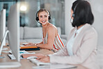 Telemarketing, teamwork and women talking in call center, office or company workplace. Customer service,  collaboration and happy female sales agents, consultants or friends in communication or chat.