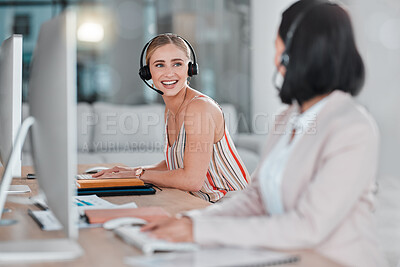 Buy stock photo Telemarketing, teamwork and women talking in call center, office or company workplace. Customer service,  collaboration and happy female sales agents, consultants or friends in communication or chat.