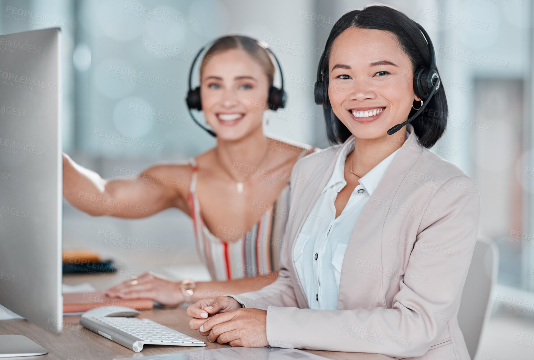 Buy stock photo Woman, call center and portrait smile for telemarketing, customer support or agency service at office desk. Happy female consultants or agents smiling in contact us for desktop advice, help or sales