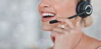 Woman, call center and headset with smile for telemarketing, customer support or service at office. Closeup of female consultant smiling in contact us with mic for advice, help or sales on mockup
