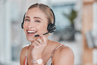 Buy stock photo Woman, call center and portrait smile for consulting, telemarketing or customer support and service at office. Happy female consultant or agent smiling in contact us for desktop advice, help or sales