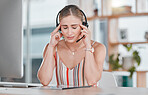 Stress, headache and burnout woman in call center feeling pain, tired or exhausted. Customer service, mental health and female sales agent with depression, anxiety or migraine in office workplace. 