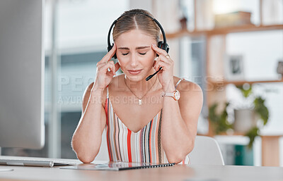 Buy stock photo Stress, headache and burnout woman in call center feeling pain, tired or exhausted. Customer service, mental health and female sales agent with depression, anxiety or migraine in office workplace. 