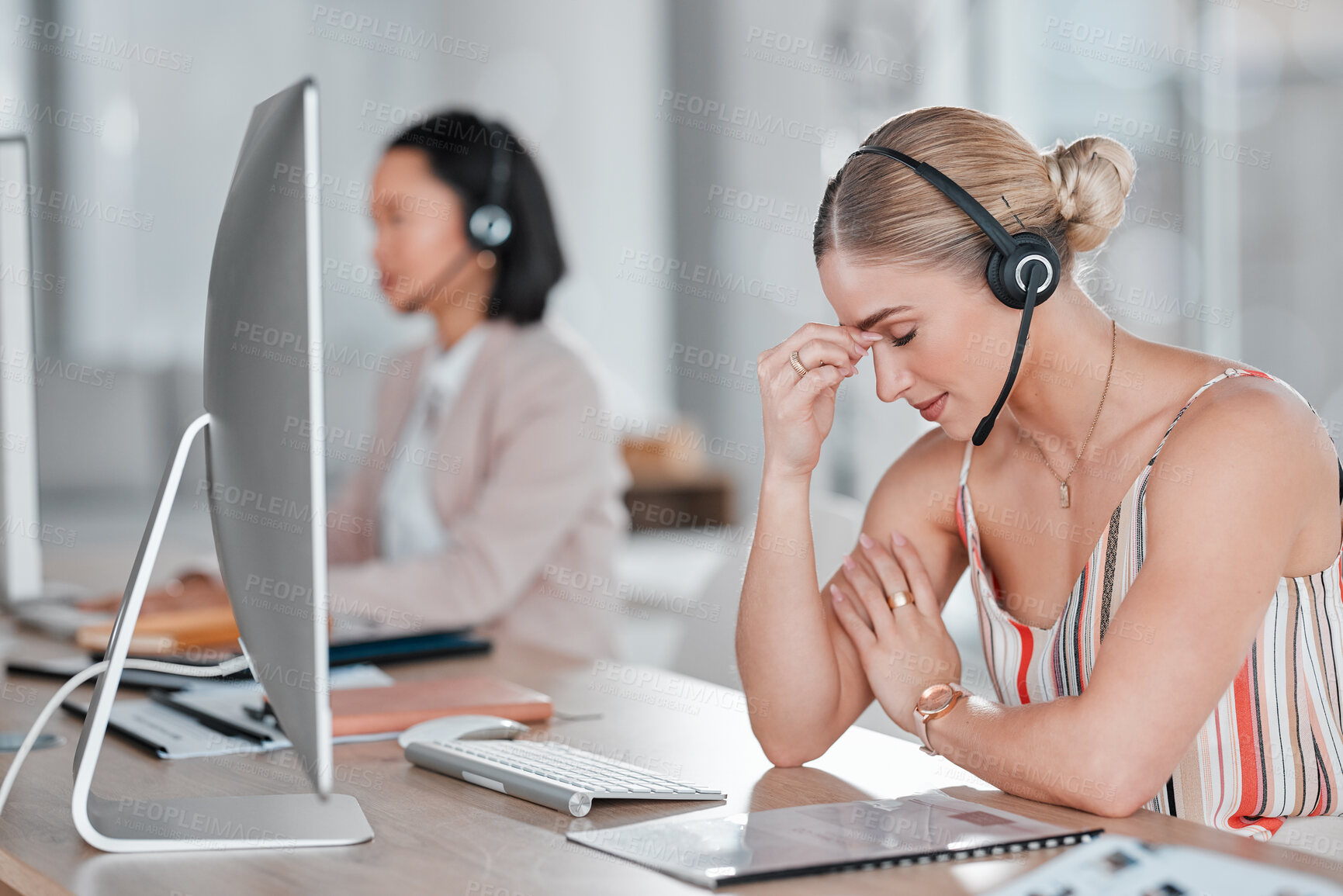 Buy stock photo Headache, stress and burnout woman in call center feeling pain, tired or exhausted. Customer service, mental health and female sales agent with depression, anxiety or migraine in office workplace.