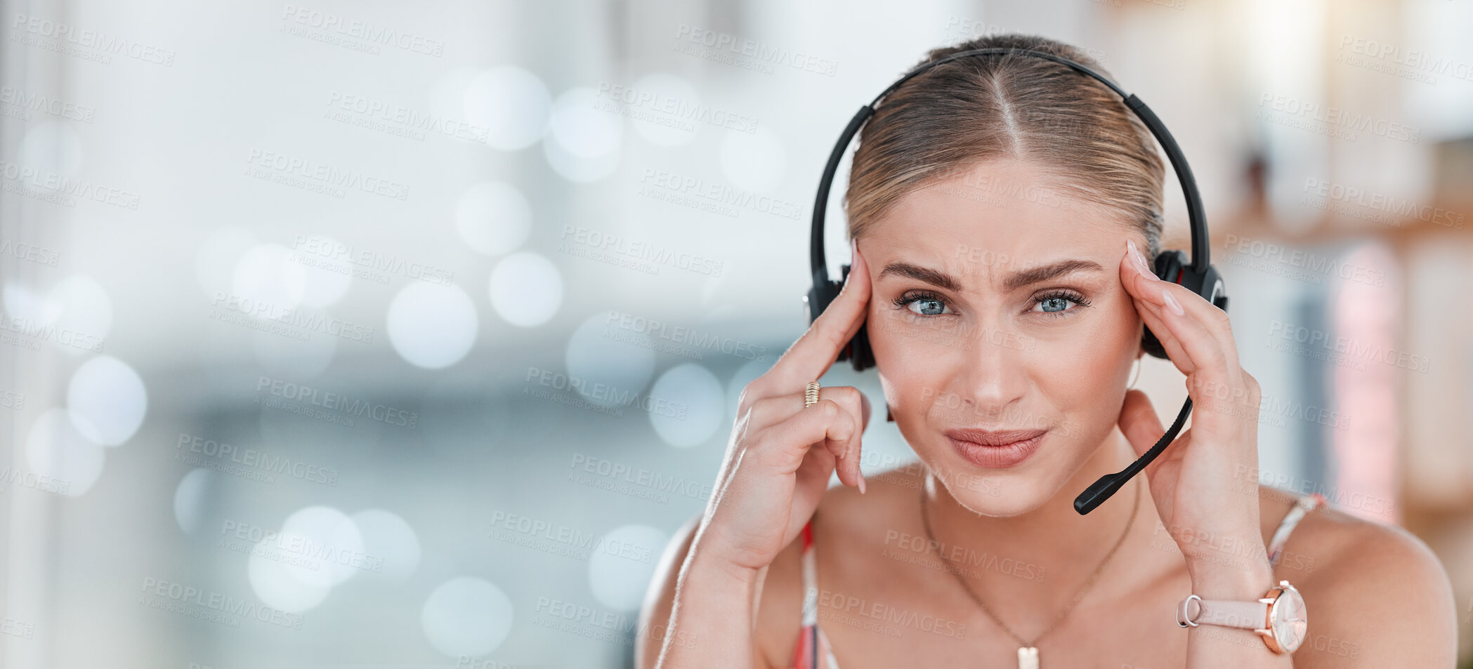 Buy stock photo Call center, portrait and woman with headache by space for mockup in office with blurred background. Customer support consultant, agent and stress in workplace with anxiety, mental health and burnout