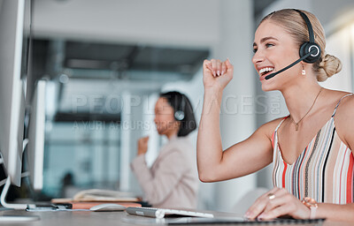 Buy stock photo Woman, call center and celebration for winning, promotion or sales bonus in telemarketing at office. Happy female consultants celebrating victory, deal or teamwork success in contact us at workplace