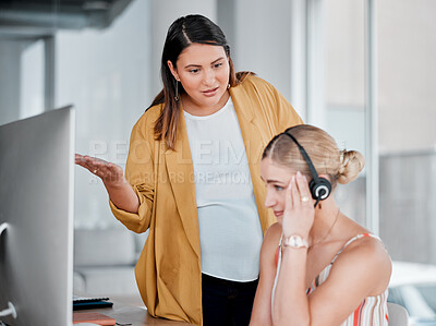 Buy stock photo Call center, angry manager and agent at computer in office with pregnant woman, anxiety and fail at desk. Women, frustrated coach and desktop for tech support, customer service or workplace mistake