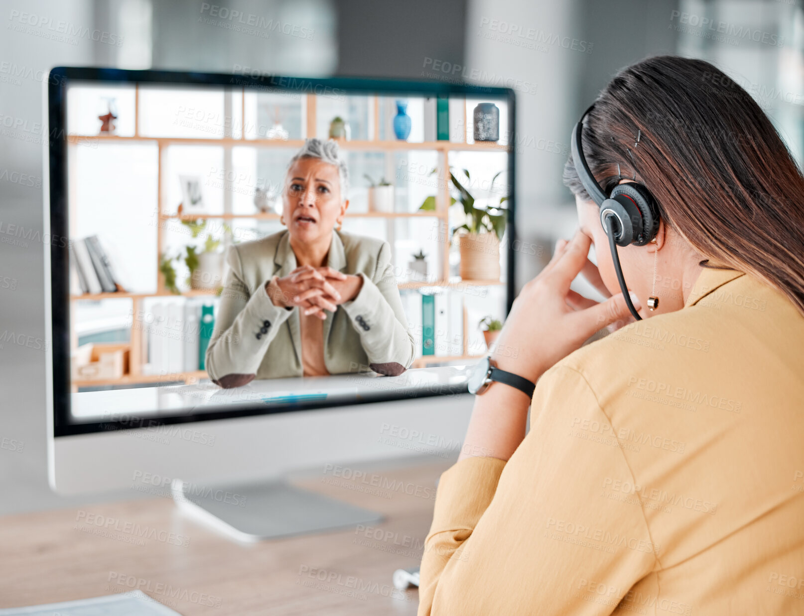 Buy stock photo Headache, computer video call and woman in call center feeling pain, tired or sick. Telemarketing, mental health and female sales agent with depression, stress or migraine on online meeting in office