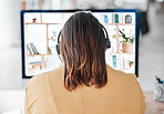 Crm, customer service and telemarketing business woman with headset and computer screen. Back view, consulting and web support of employee working on call center consultation for digital help