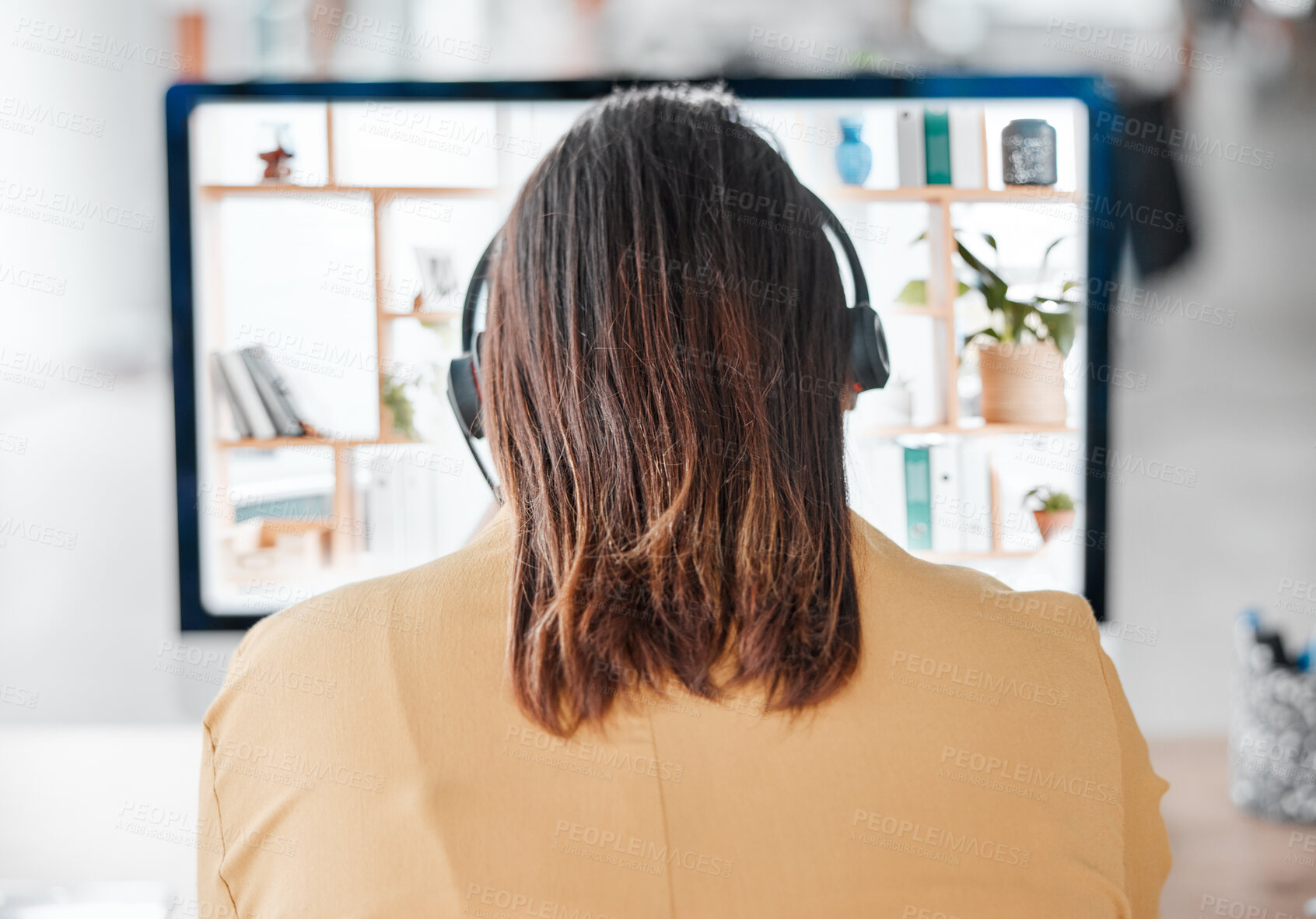 Buy stock photo Crm, customer service and telemarketing business woman with headset and computer screen. Back view, consulting and web support of employee working on call center consultation for digital help