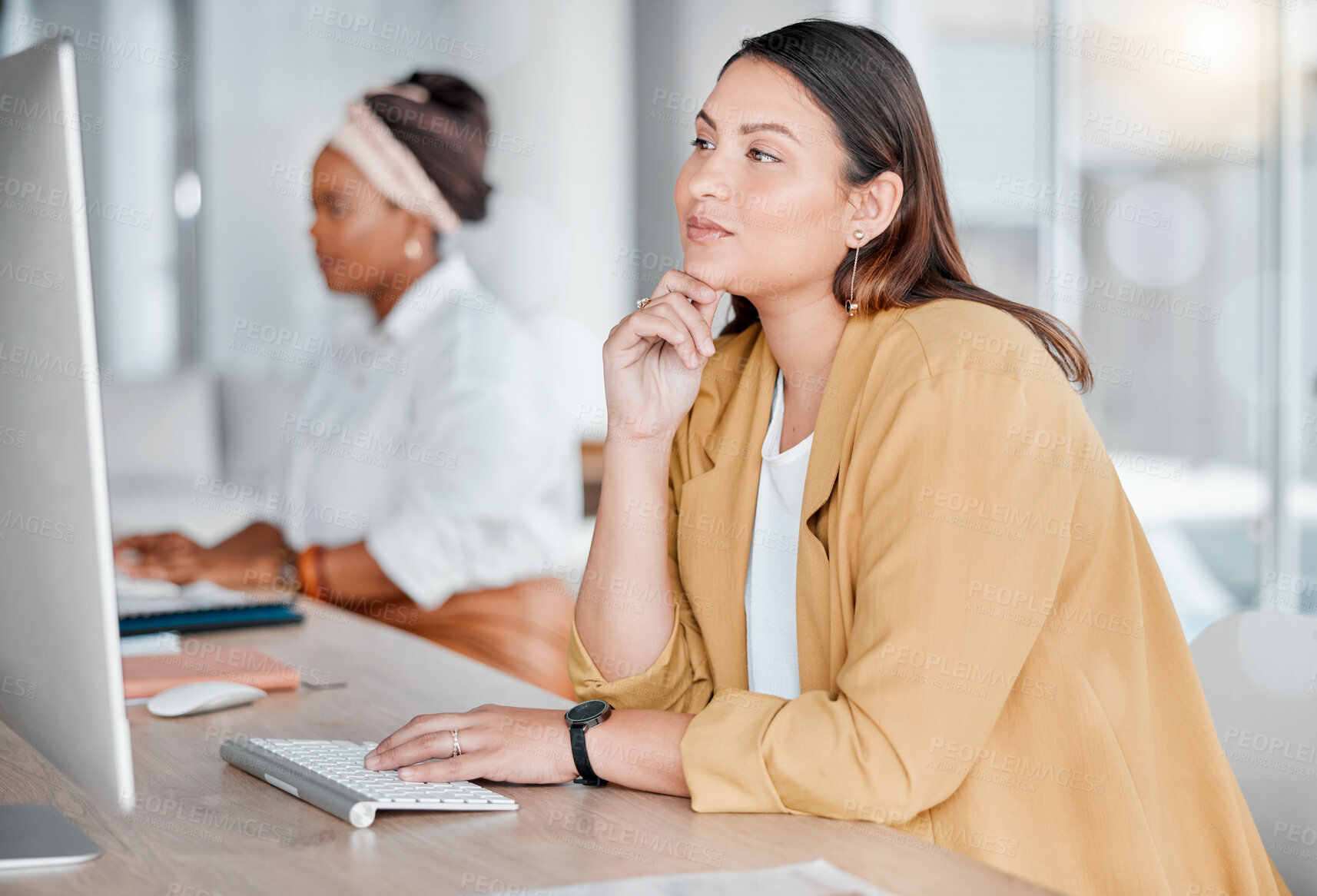 Buy stock photo Thinking, computer and business woman typing in office, working on email or project. Ideas, solution and female employee contemplating, planning and research report while reading information online.