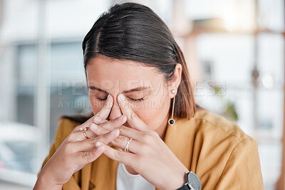 Buy stock photo Stress, headache and tired with business woman in office for anxiety, burnout and mental health. Sad, depression and frustrated with employee suffering with fatigue, overwhelmed and problem crisis