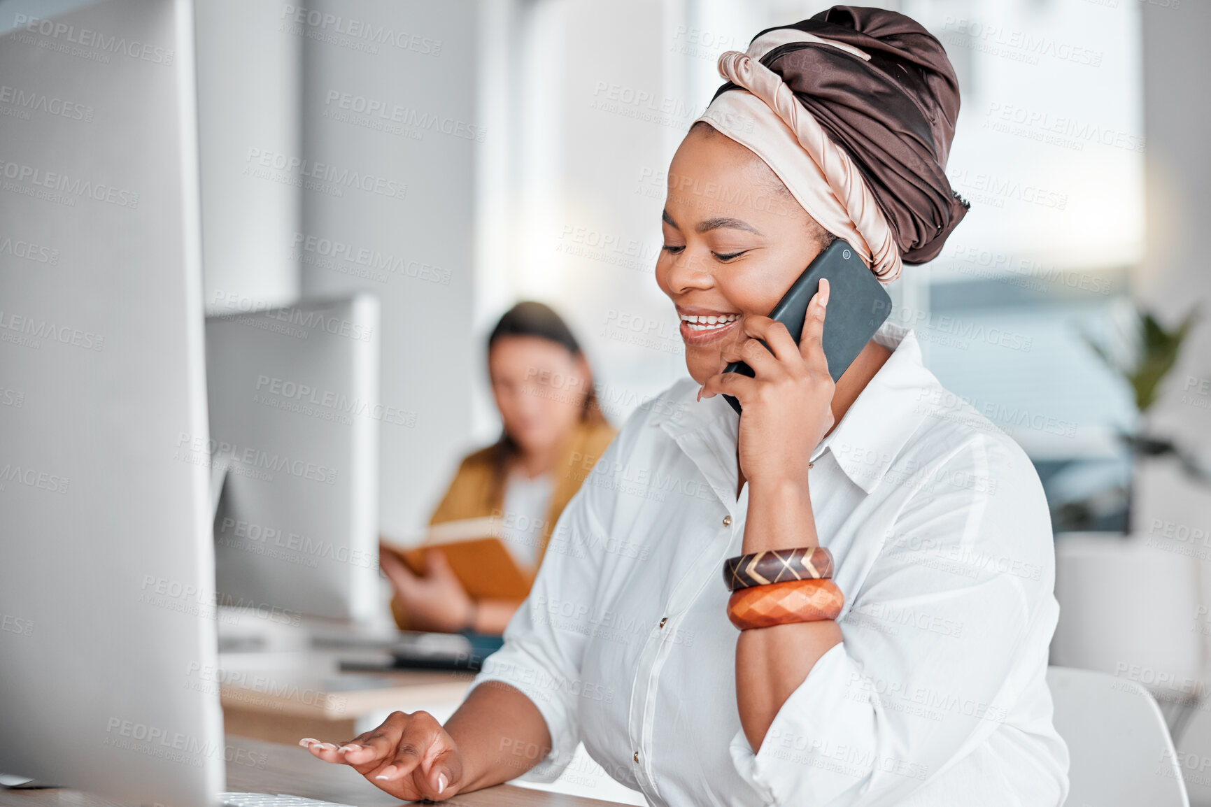 Buy stock photo Communication, typing and black woman on a phone call for networking while working on a computer. Contact, connection and African employee talking on a mobile while on a pc for information at work