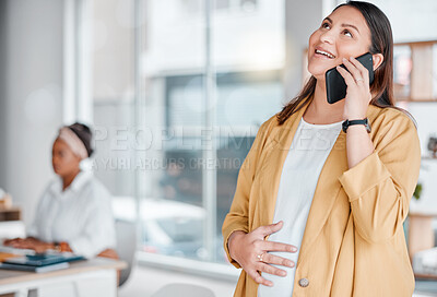 Buy stock photo Phone call, pregnant and business woman in office for schedule planning, talking and online network. Pregnancy, communication and female speaking, in conversation and client connection on smartphone